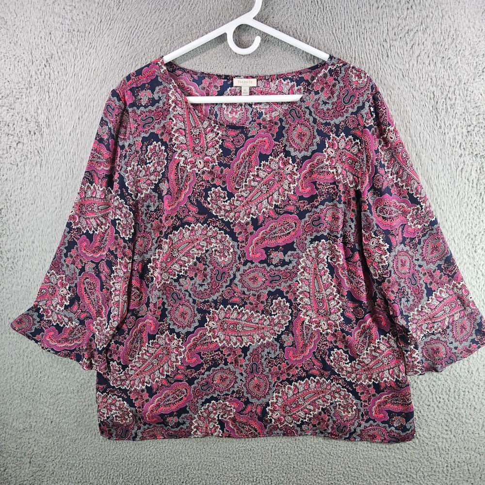 Talbots Womens XL Pink Navy Paisley Bell Sleeve Scoop Neck Blouse Top